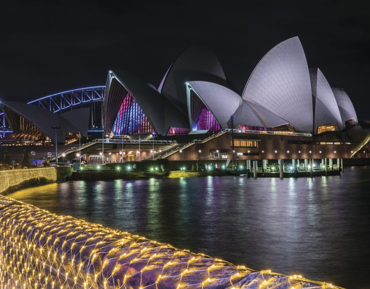 Sydney Opera House and the Sydney Harbour Bridge as viewed from The Royal Botanic Garden, Vivid Sydney 2016.